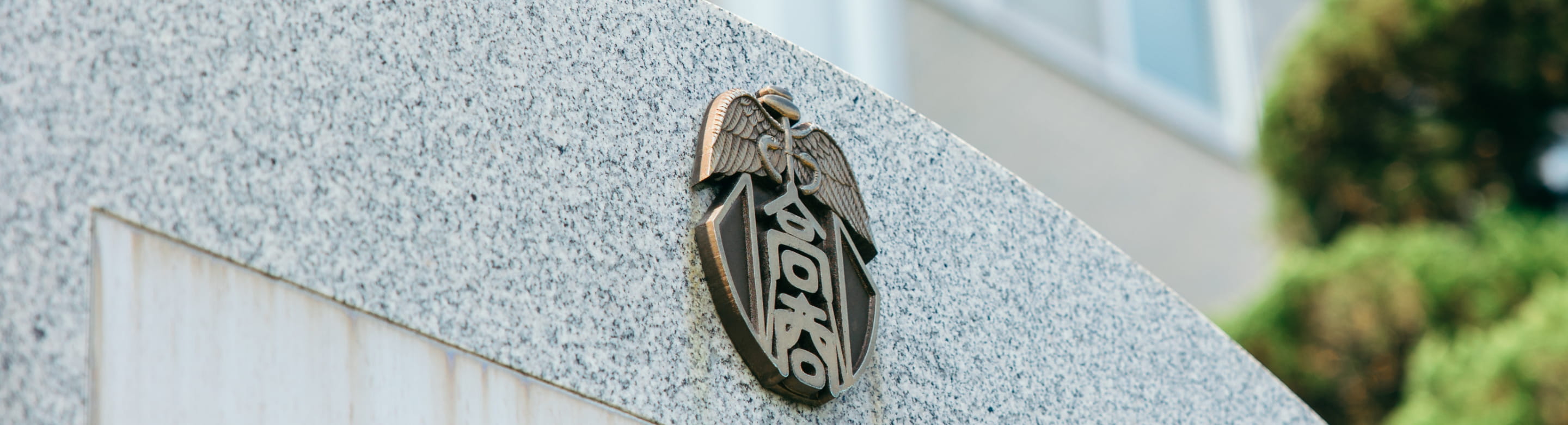山口大学のエンブレムが取り付けられた校舎の石壁