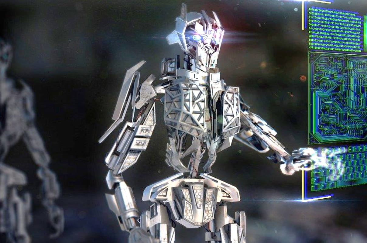 近未来的なロボットがホログラムのような操作画面の前に立つ、SF風のイメージ