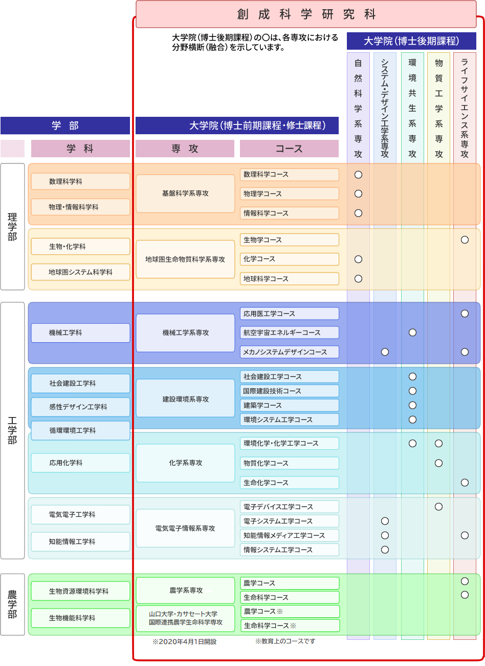 創成科学研究科の組織図。博士前期課程では，学士課程との接続性に配慮した編成とし，先取り履修制度等の6年一貫教育による専門分野の深化を，博士後期課程では学問体系を横断した新しい学際分野の研究を促進する分野の融合を目指す。